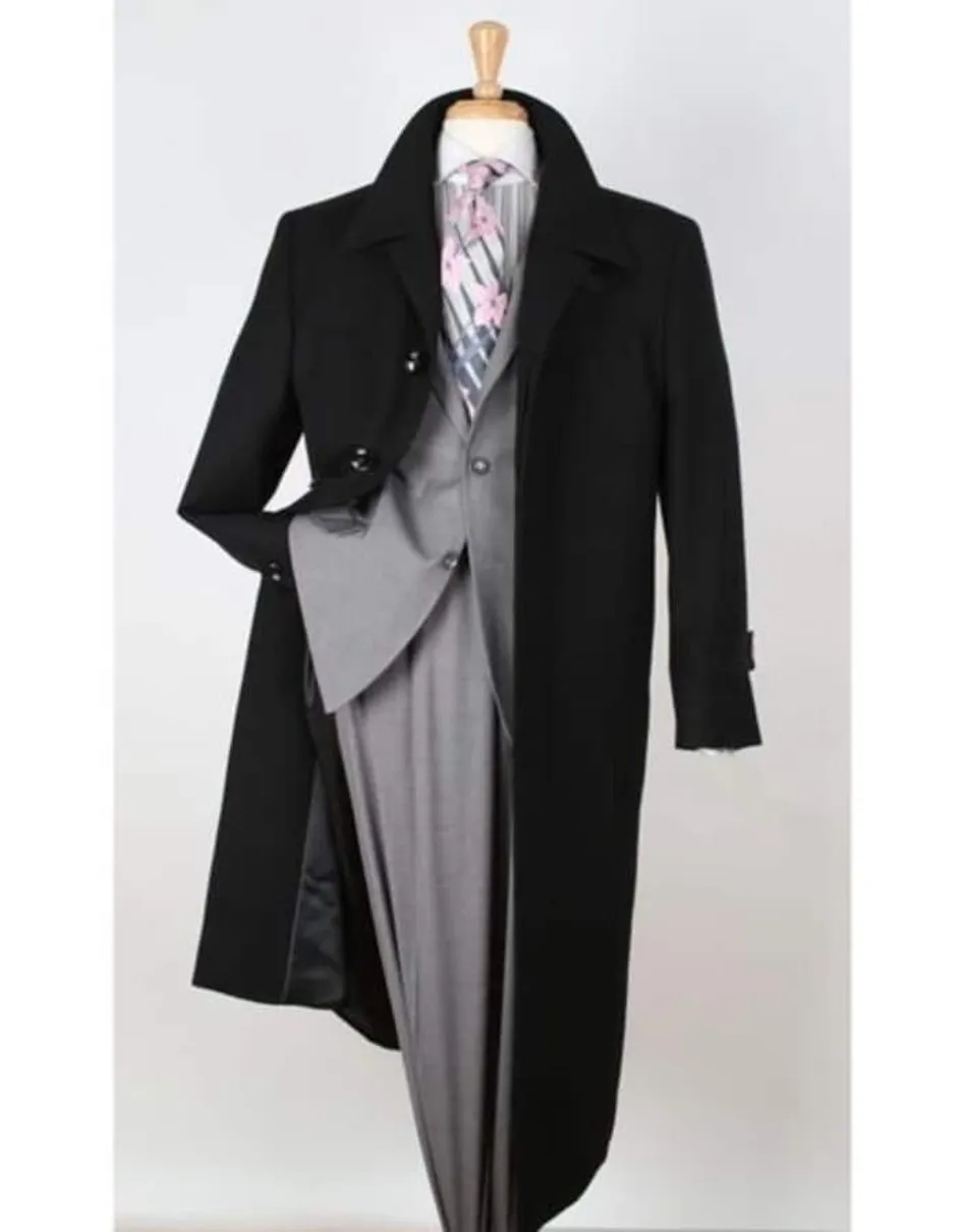 100% Wool Gabardine Black Wide Lapel Top Overcoat Custom Prom Tuxedos