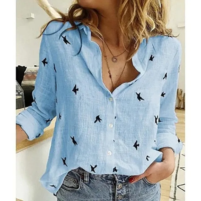 2021 Casual Long Sleeve Birds Print Loose Women Shirts Sizes M - 5XL