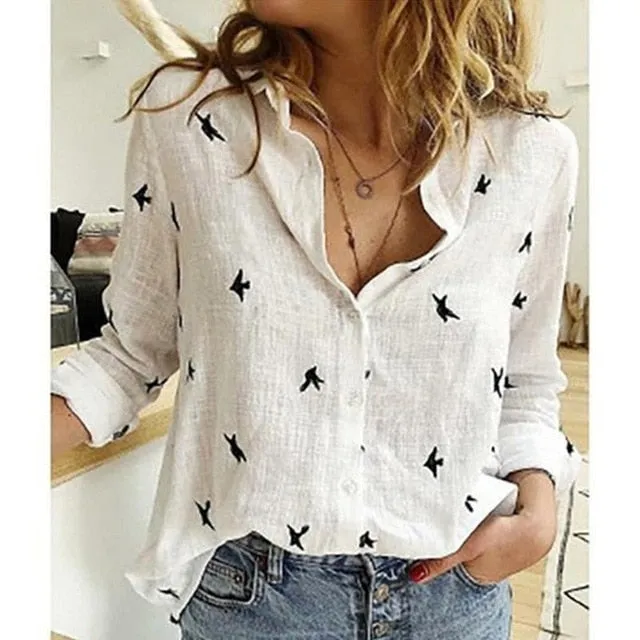 2021 Casual Long Sleeve Birds Print Loose Women Shirts Sizes M - 5XL