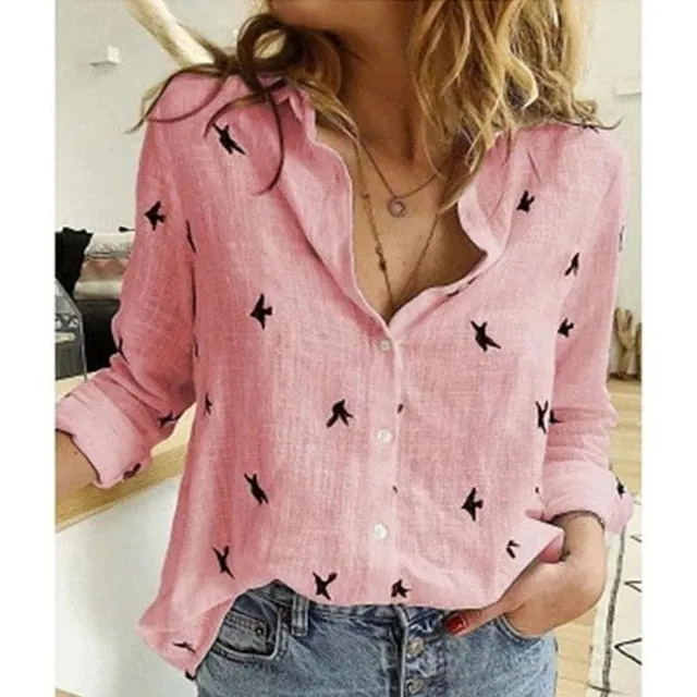 2021 Casual Long Sleeve Birds Print Loose Women Shirts Sizes M - 5XL