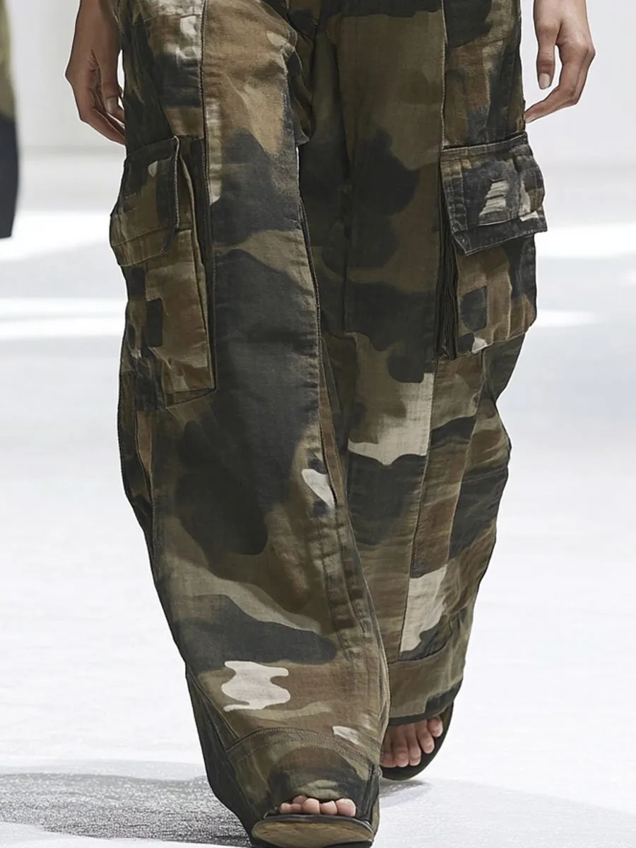 【24-hour shipping】Casual Multi-Pocket Camouflage Cargo Wide-Leg Cotton Pants