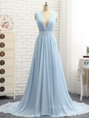 A Line V Neck and V Back Sky Blue Chiffon Long Prom Dresses, V Neck Blue Formal Dresses, Blue Evening Dresses