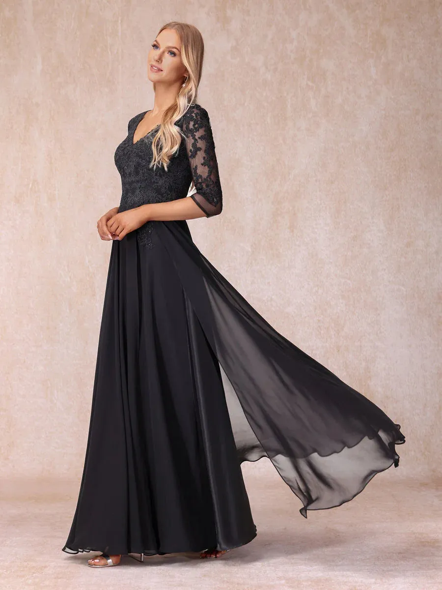 A-Line/Princess V-Neck 3/4 Sleeves Long Formal Evening Dresses With Beading