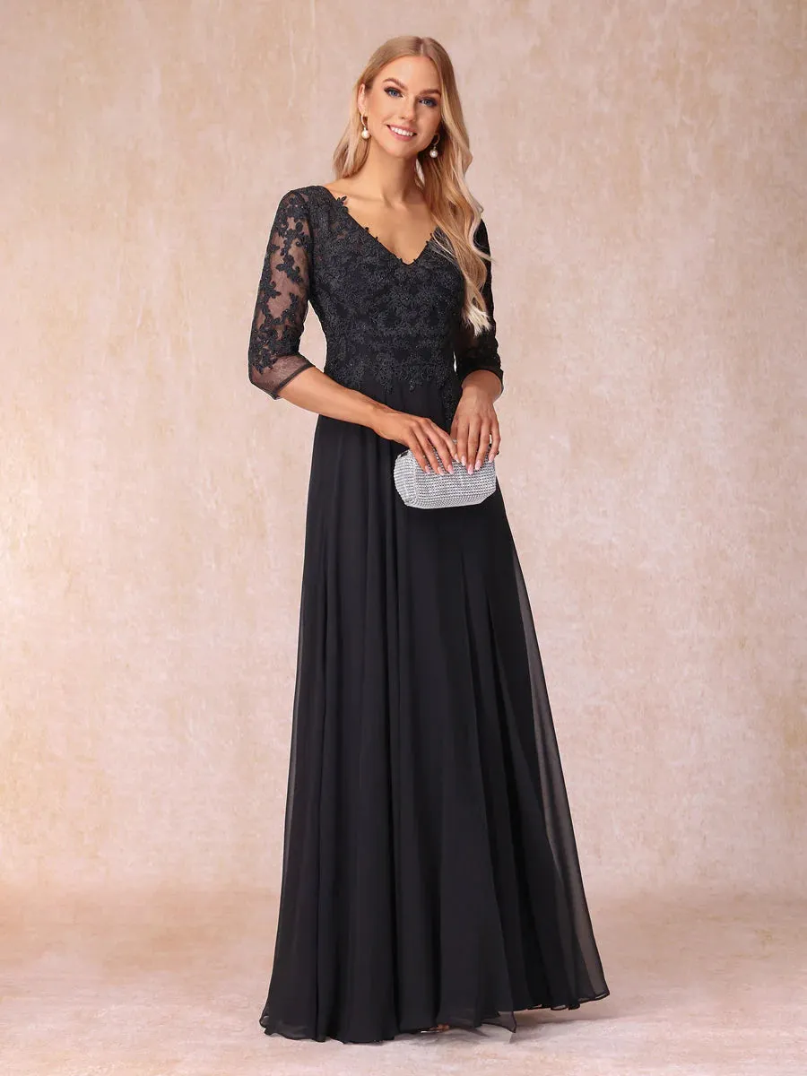 A-Line/Princess V-Neck 3/4 Sleeves Long Formal Evening Dresses With Beading