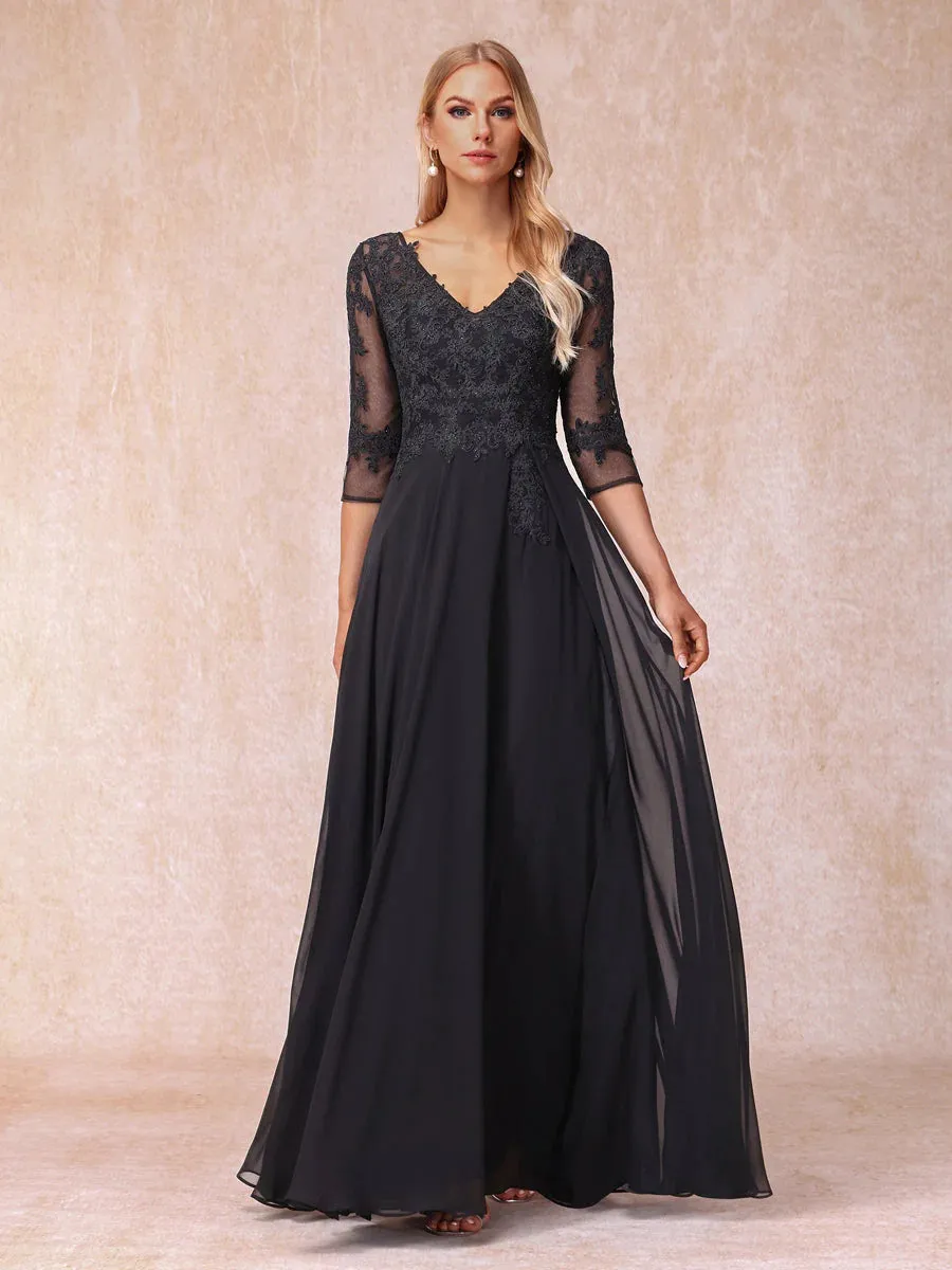 A-Line/Princess V-Neck 3/4 Sleeves Long Formal Evening Dresses With Beading