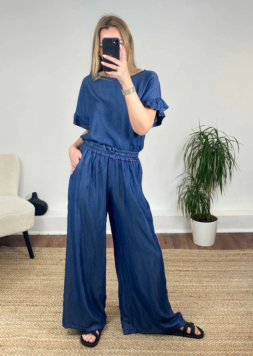 Annabella Chambray Wide Leg Pants - Dark Indigo