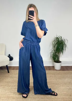 Annabella Chambray Wide Leg Pants - Dark Indigo