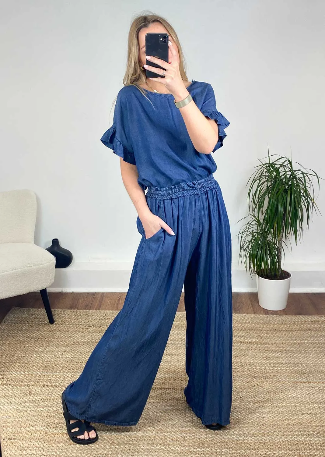 Annabella Chambray Wide Leg Pants - Dark Indigo