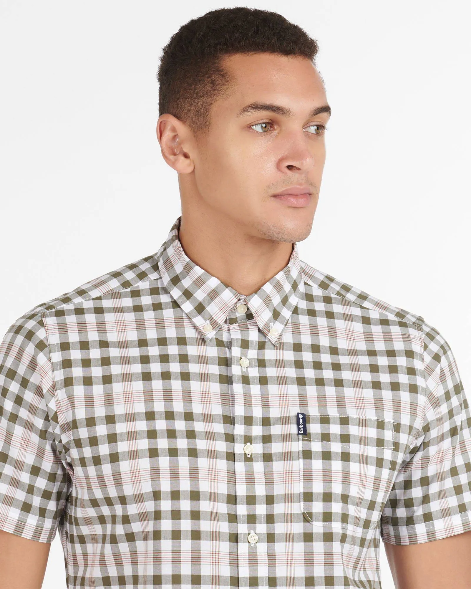 Barbour Gingham 26 Olive and White Short Sleeve Button Down Collar Tailored Fit Shirt