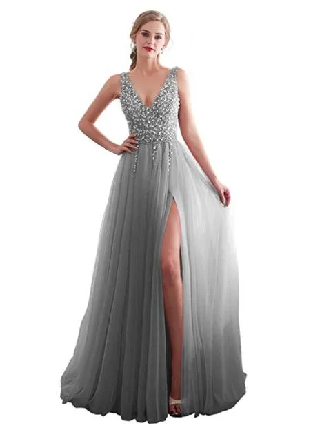 Beading Evening Dress V-Neck Pink High Split Tulle Sweep Train Sleeveless Prom Gown A-line Lace Up Backless Vestido De