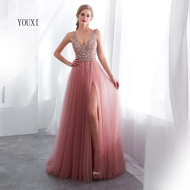 Beading Evening Dress V-Neck Pink High Split Tulle Sweep Train Sleeveless Prom Gown A-line Lace Up Backless Vestido De