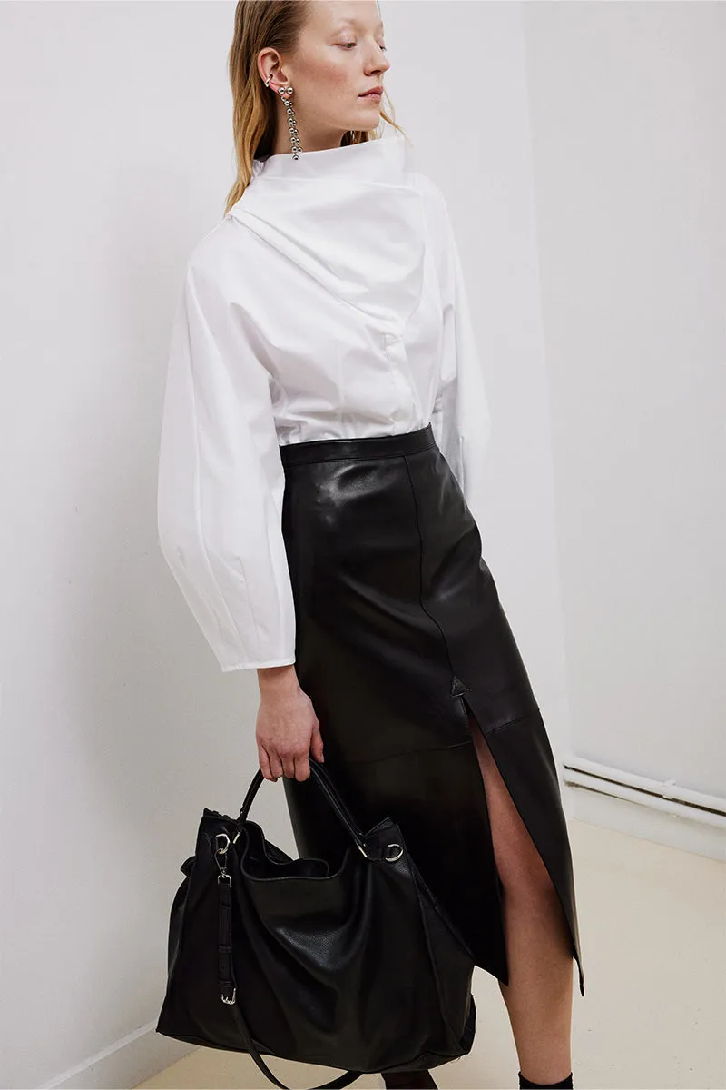 BLACK LEATHER PENCIL SKIRT