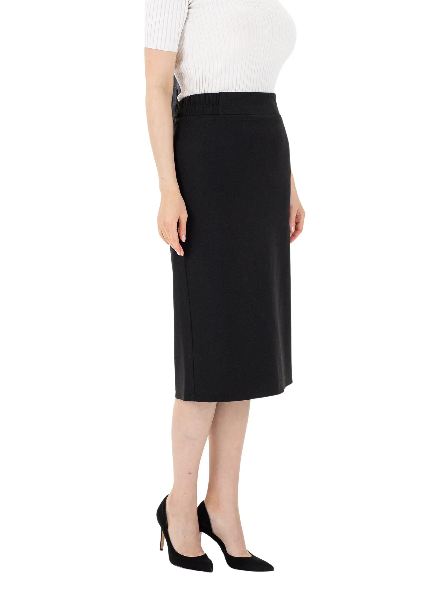 Black Midi Pencil Skirt with Elastic Waist and Closed Back Vent - G-Line