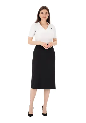 Black Midi Pencil Skirt with Elastic Waist and Closed Back Vent - G-Line