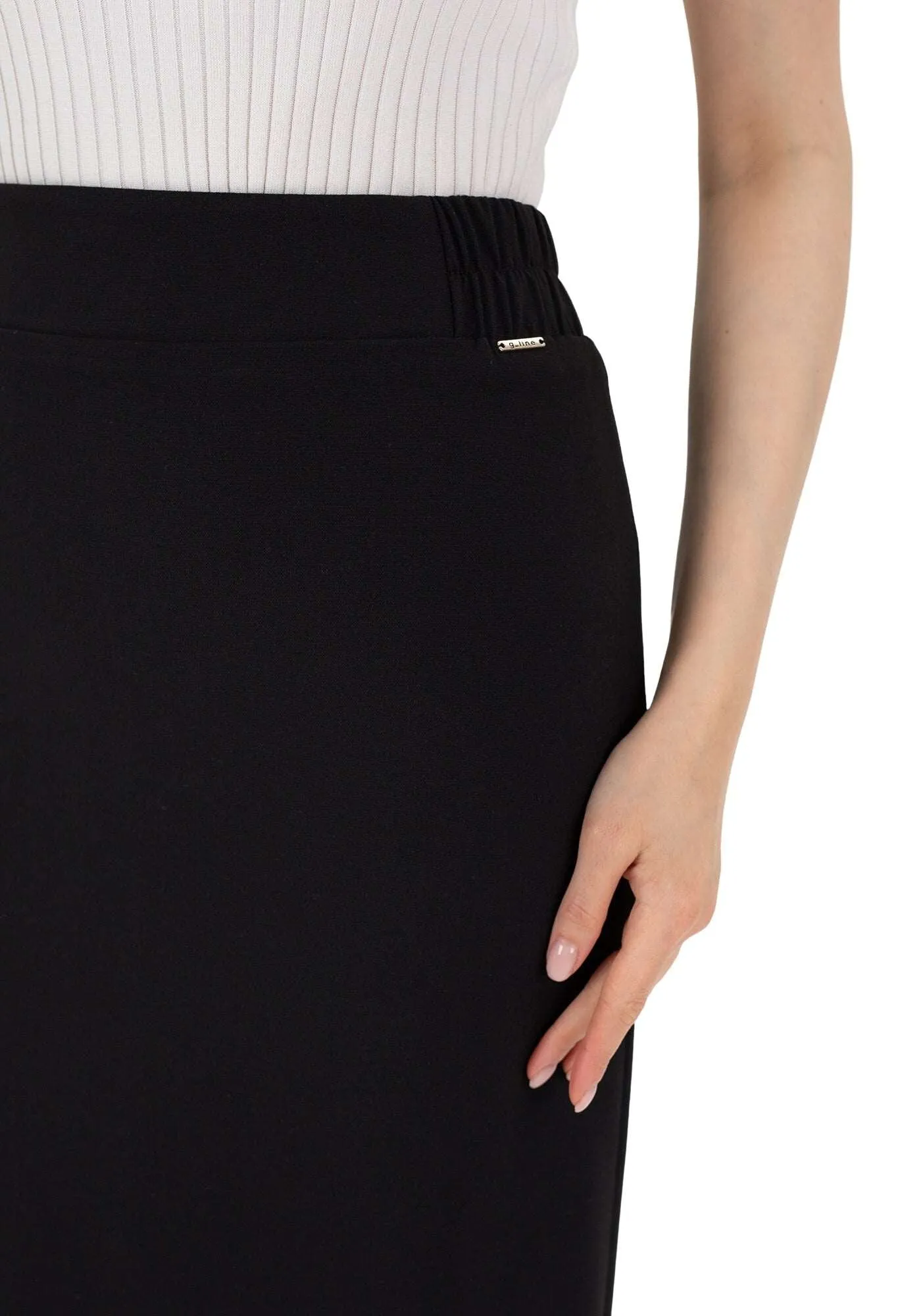 Black Midi Pencil Skirt with Elastic Waist and Closed Back Vent - G-Line