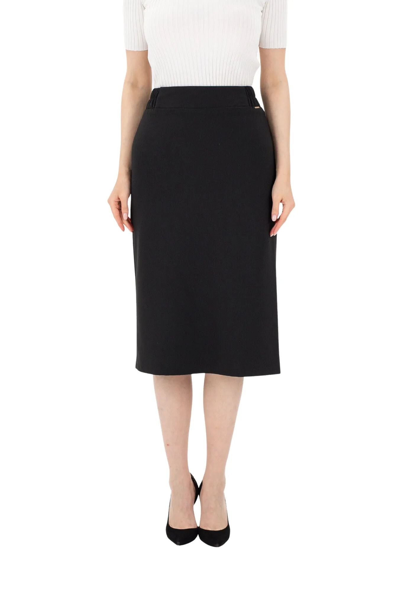 Black Midi Pencil Skirt with Elastic Waist and Closed Back Vent - G-Line