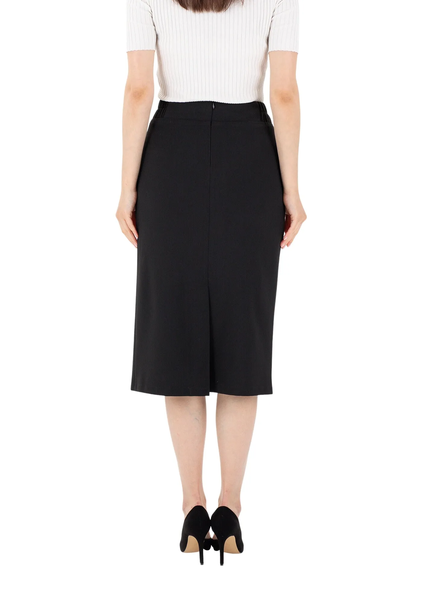 Black Midi Pencil Skirt with Elastic Waist and Closed Back Vent - G-Line