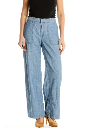 Blue Cotton Casual Wide-Leg Pants