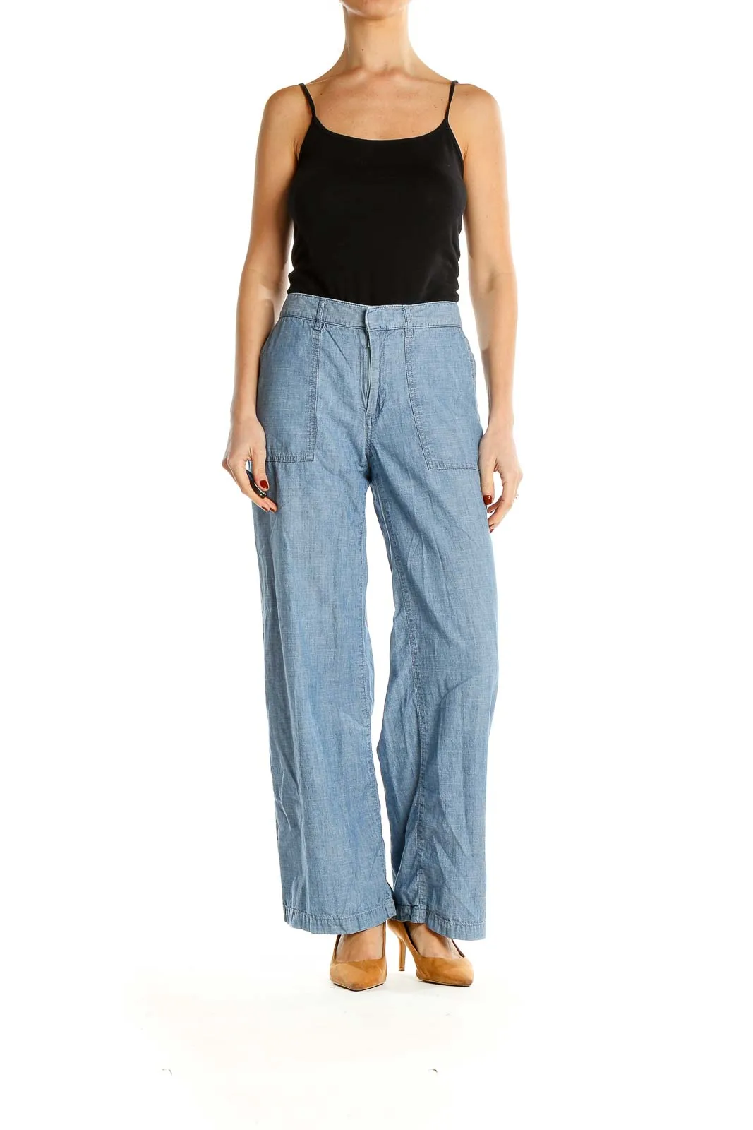 Blue Cotton Casual Wide-Leg Pants