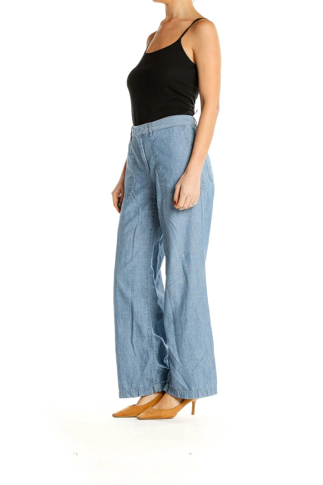 Blue Cotton Casual Wide-Leg Pants