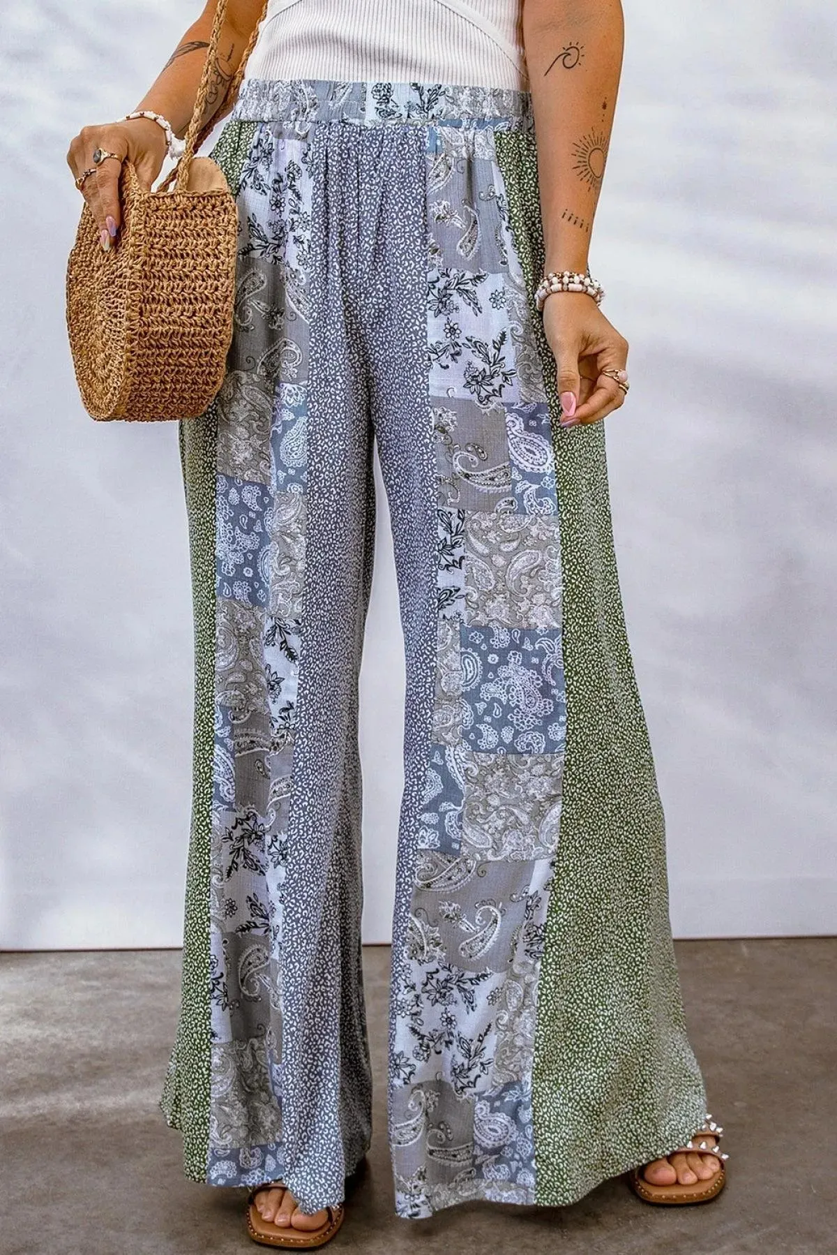 Blue Paisley Mixed Print Wide Leg Pants