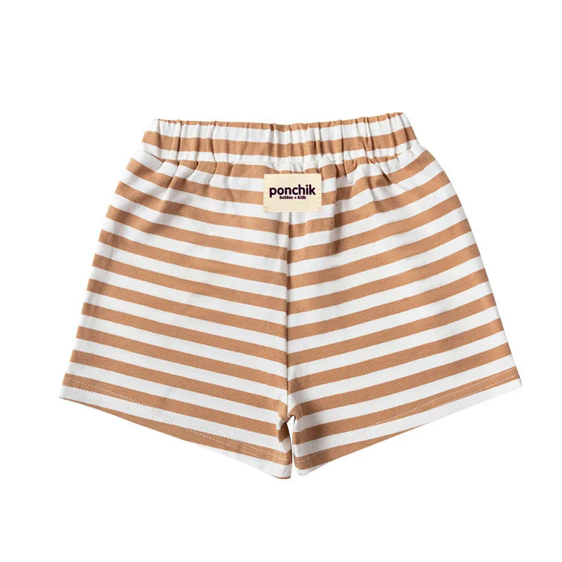 Boxey Cotton Shorts with Elastic Waist   Contrast Drawstring - Wheat Stripe