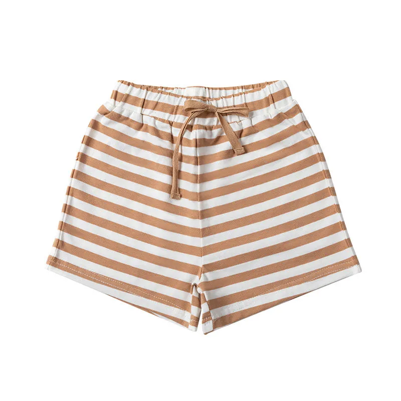 Boxey Cotton Shorts with Elastic Waist   Contrast Drawstring - Wheat Stripe