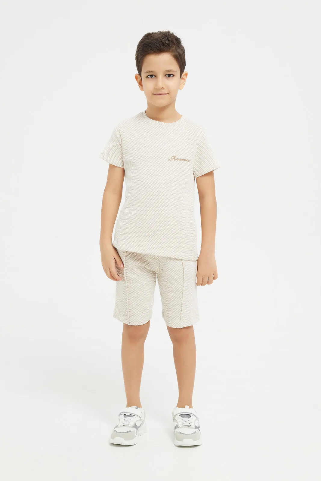 Boys Beige Jacquard King Embro T-Shirt And Shorts Set (2 Piece)