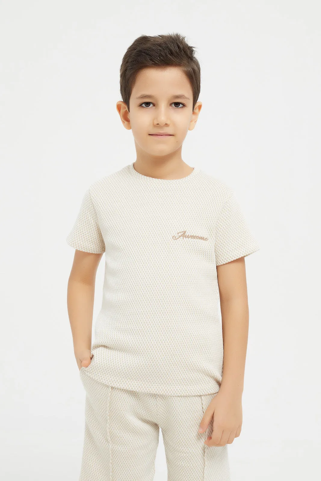 Boys Beige Jacquard King Embro T-Shirt And Shorts Set (2 Piece)