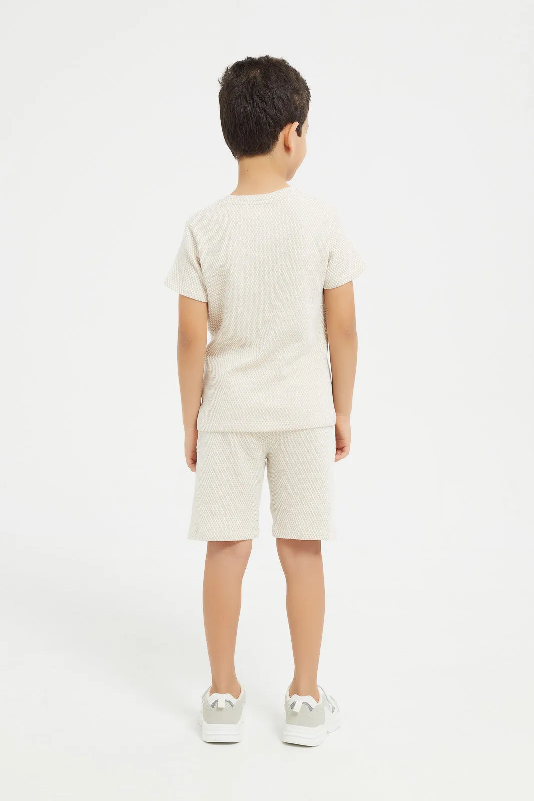 Boys Beige Jacquard King Embro T-Shirt And Shorts Set (2 Piece)