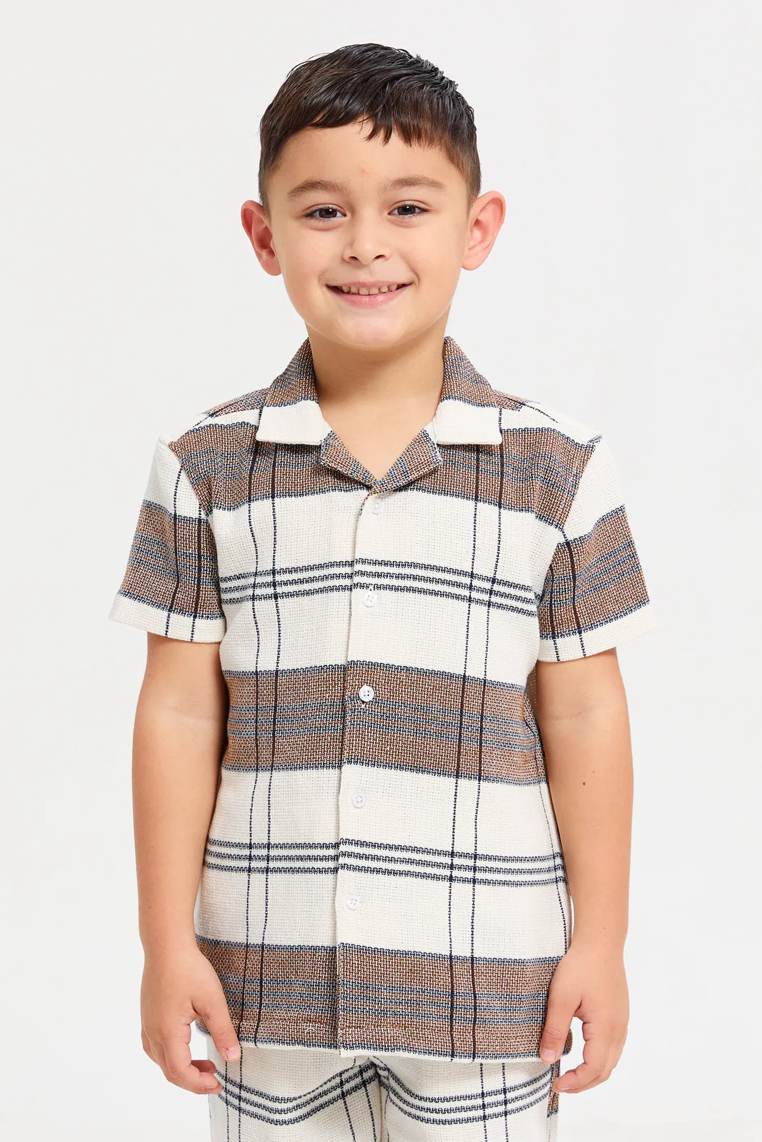 Boys Brown And White Shirt Set (2 Piece)