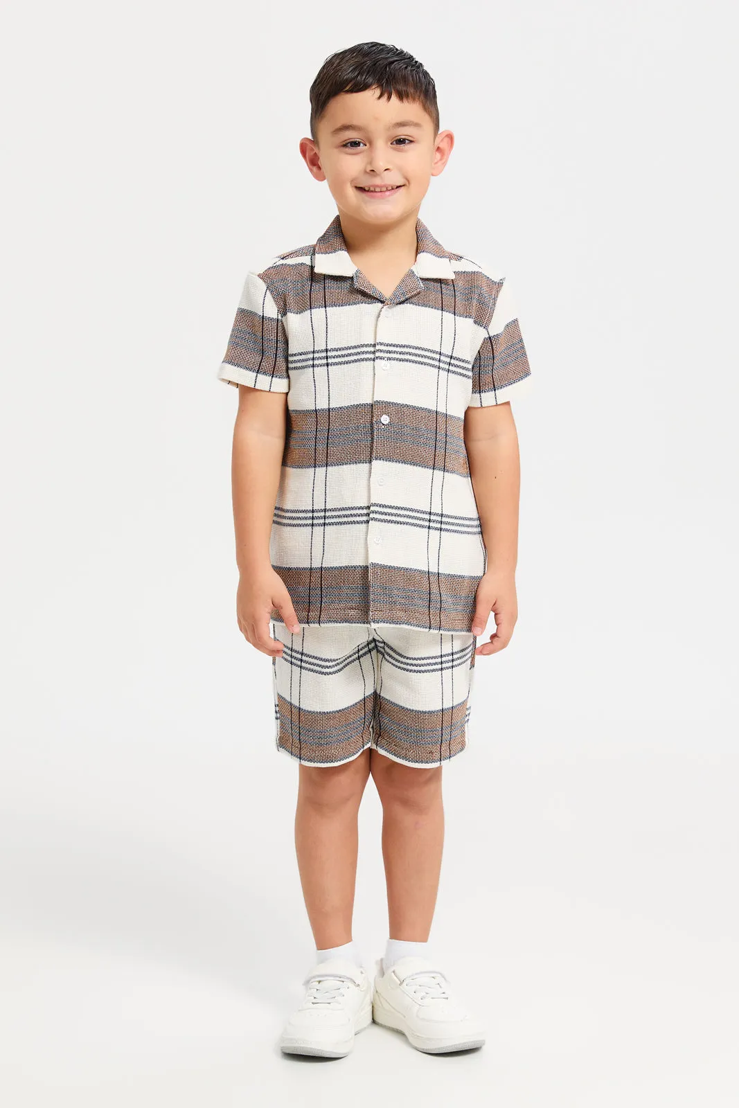 Boys Brown And White Shirt Set (2 Piece)