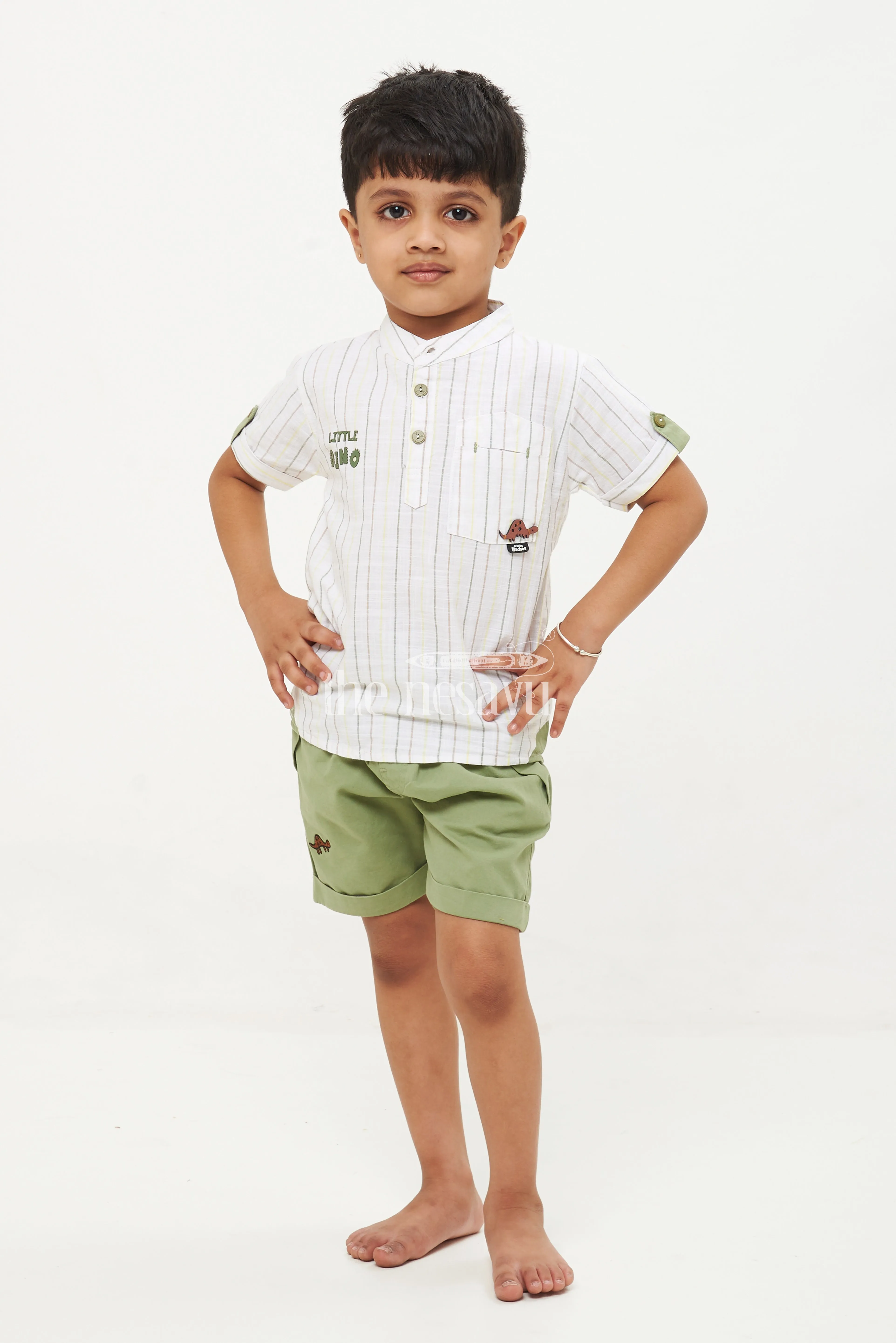 Boys' Dino Striped Shirt & Shorts Set - Green/White