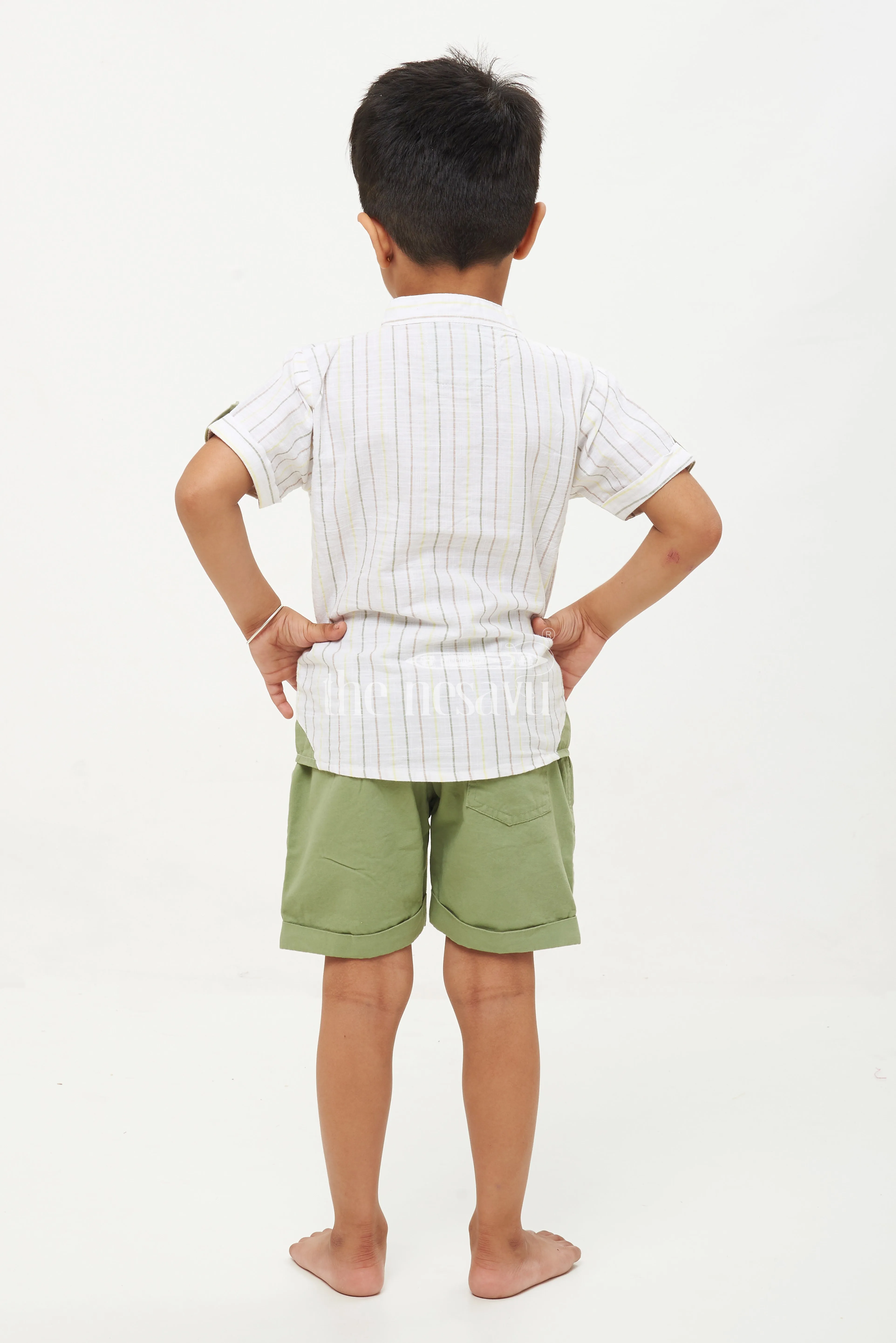 Boys' Dino Striped Shirt & Shorts Set - Green/White