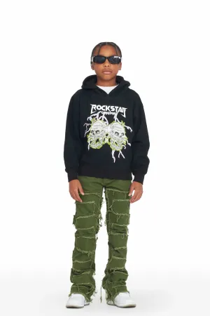 Boys Oren Black Hoodie/Green Stacked Flare Jean Set