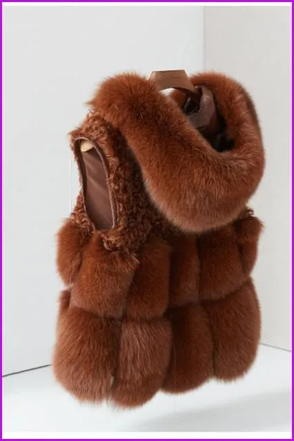 Brown Fox Fur with Lamp Fur Hooded Gilet 55CM DO1500