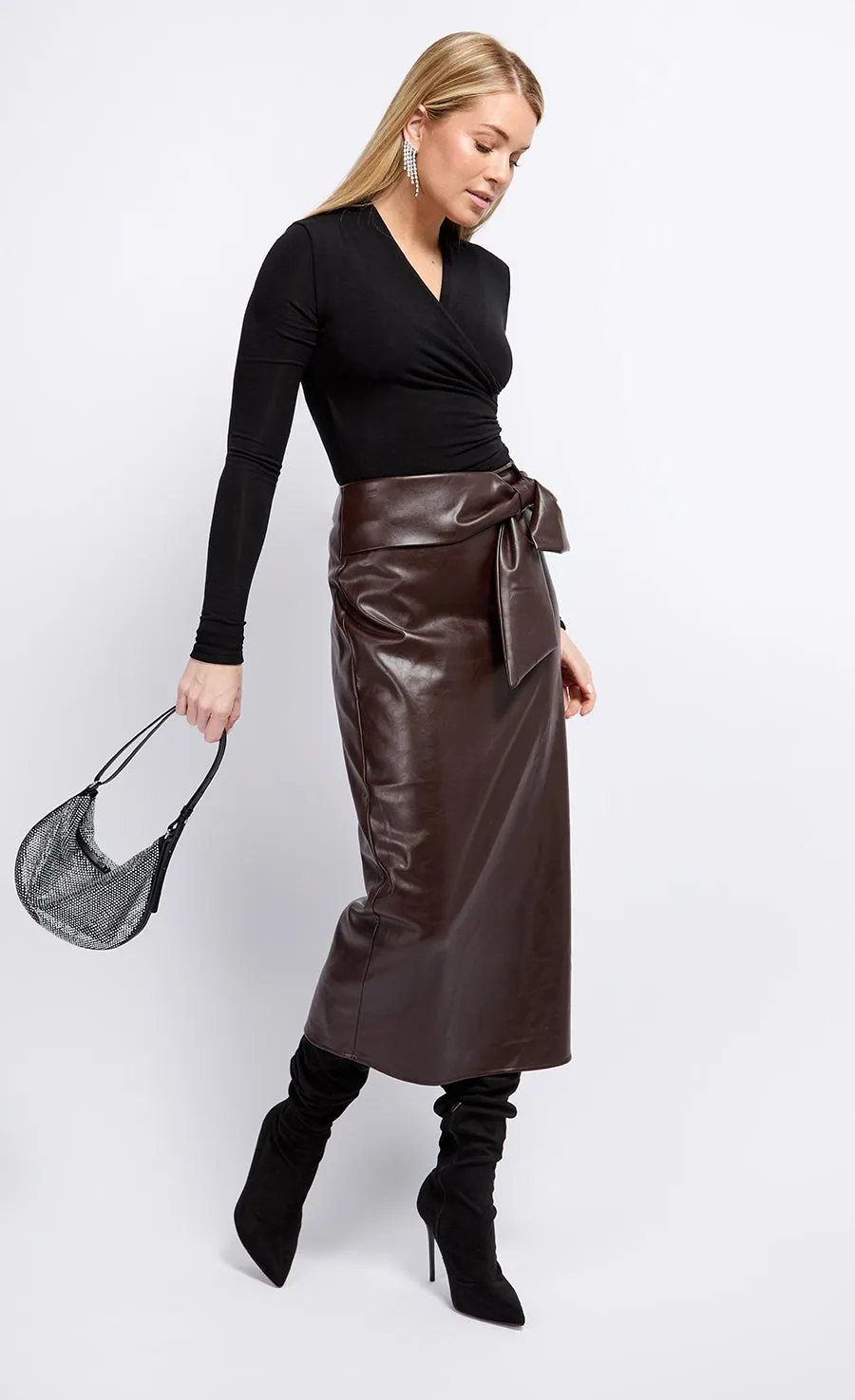 Brown PU Tie Waist Midaxi Skirt by Vogue Williams