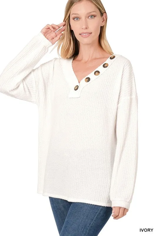 Brushed Thermal Waffle Button Detail Sweater