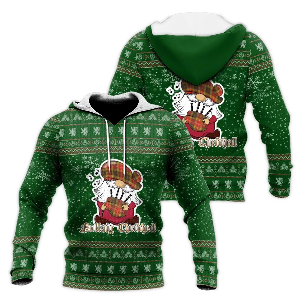 Buchanan Old Set Weathered Clan Christmas Knitted Hoodie with Funny Gnome Playing Bagpipes