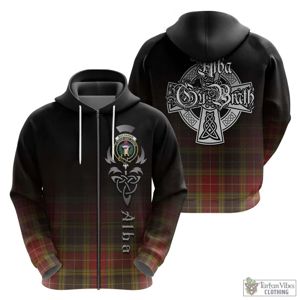 Buchanan Old Set Weathered Tartan Hoodie Featuring Alba Gu Brath Family Crest Celtic Inspired