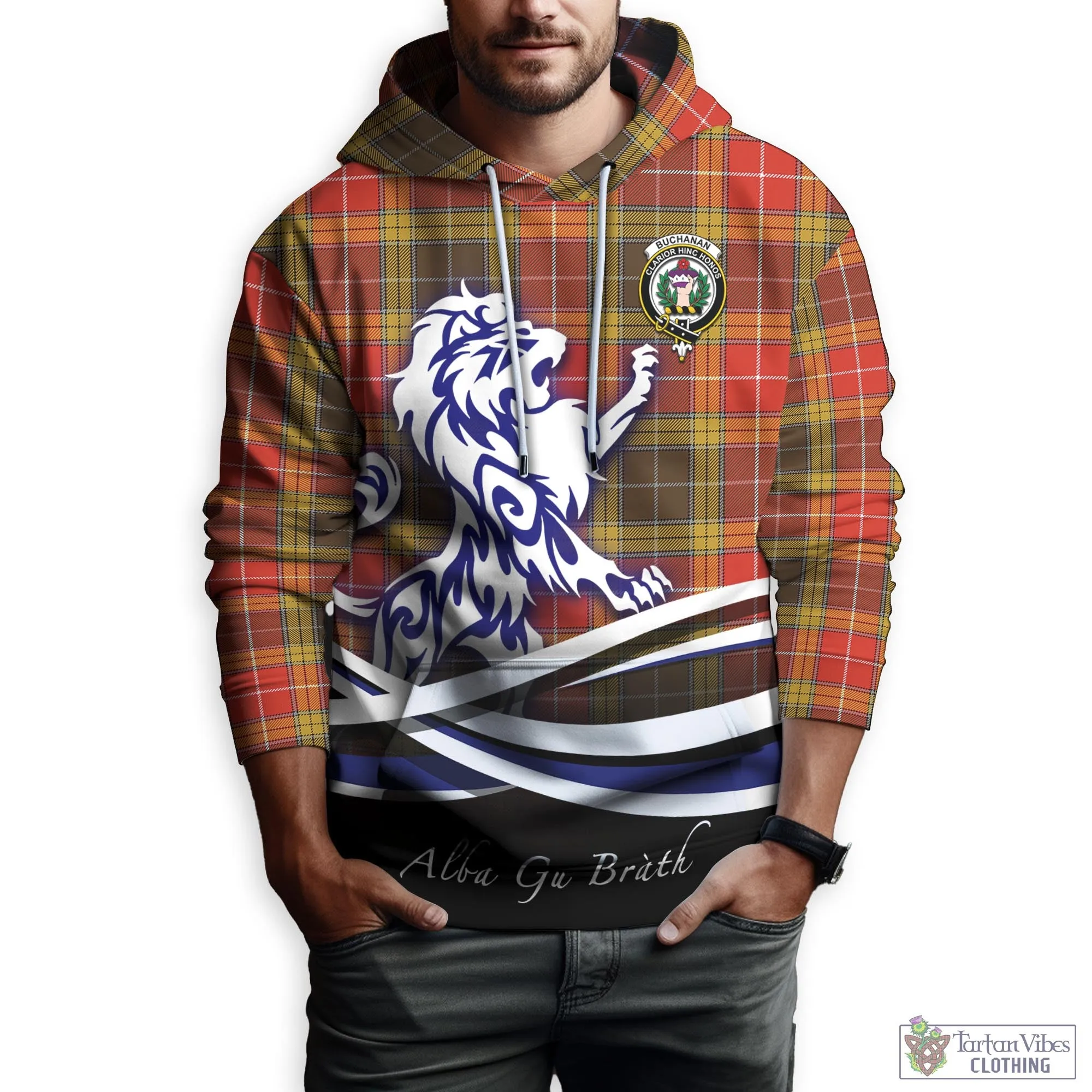 Buchanan Old Set Weathered Tartan Hoodie with Alba Gu Brath Regal Lion Emblem