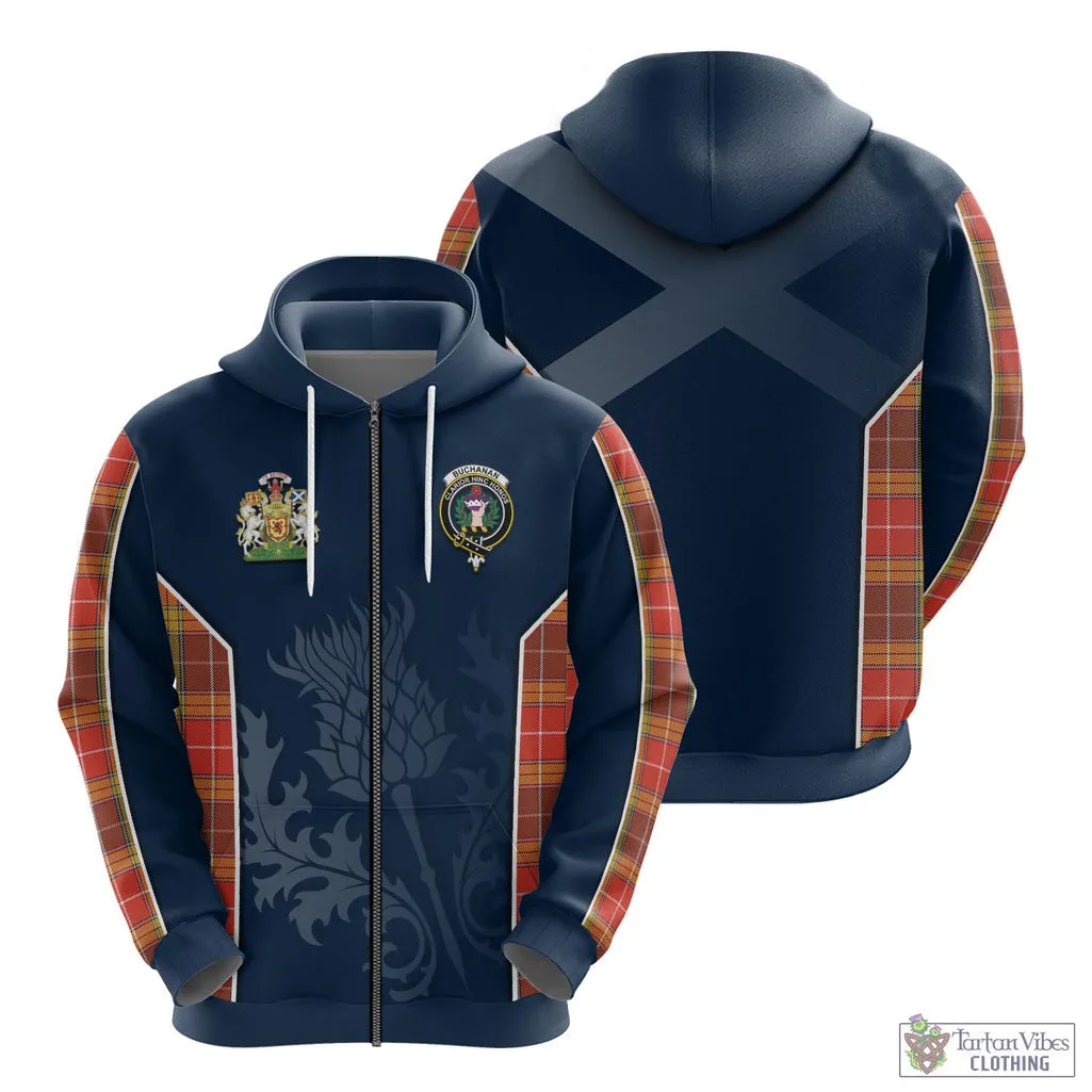 Buchanan Old Set Weathered Tartan Hoodie with Family Crest and Scottish Thistle Vibes Sport Style