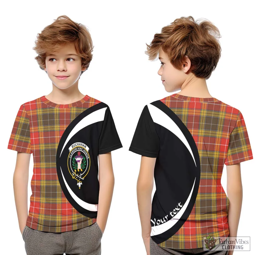 Buchanan Old Set Weathered Tartan Kid T-Shirt with Family Crest Circle Style