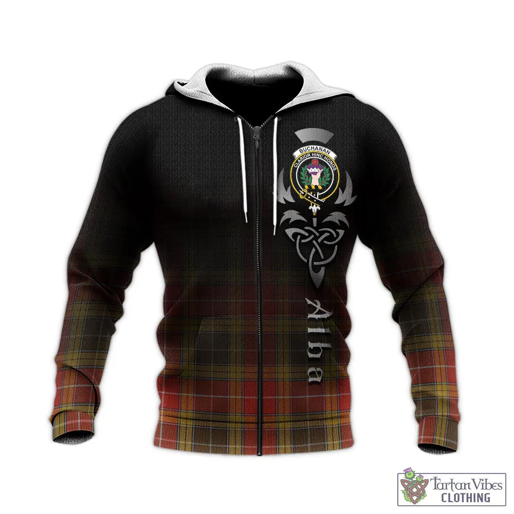 Buchanan Old Set Weathered Tartan Knitted Hoodie Featuring Alba Gu Brath Family Crest Celtic Inspired