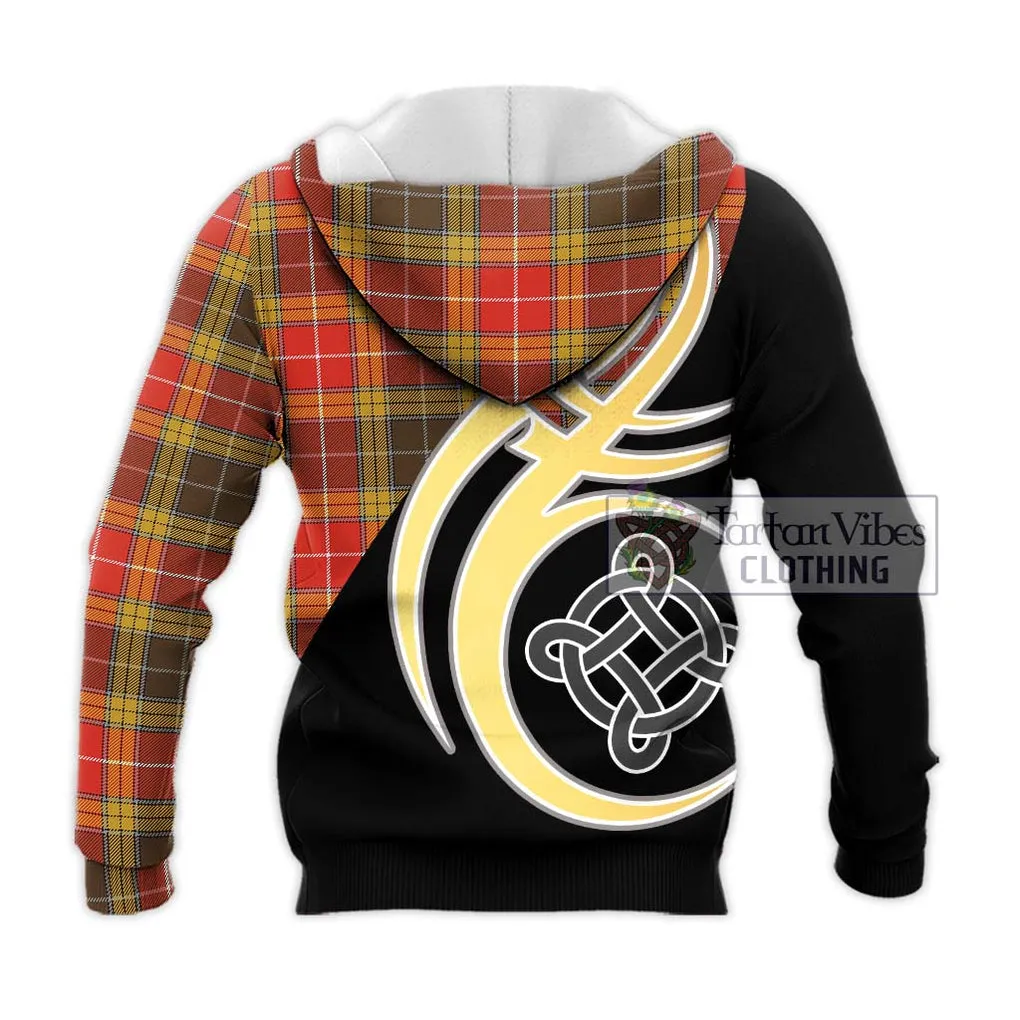 Buchanan Old Set Weathered Tartan Knitted Hoodie with Family Crest and Celtic Symbol Style