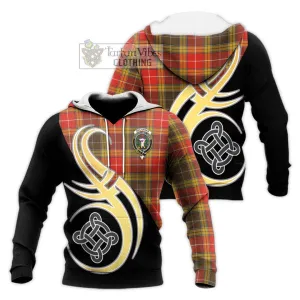 Buchanan Old Set Weathered Tartan Knitted Hoodie with Family Crest and Celtic Symbol Style