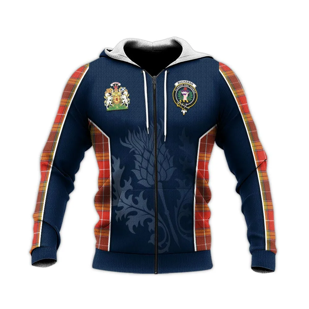 Buchanan Old Set Weathered Tartan Knitted Hoodie with Family Crest and Scottish Thistle Vibes Sport Style