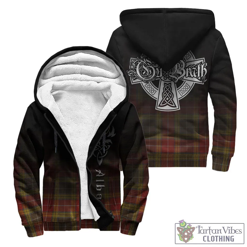 Buchanan Old Set Weathered Tartan Sherpa Hoodie Featuring Alba Gu Brath Family Crest Celtic Inspired