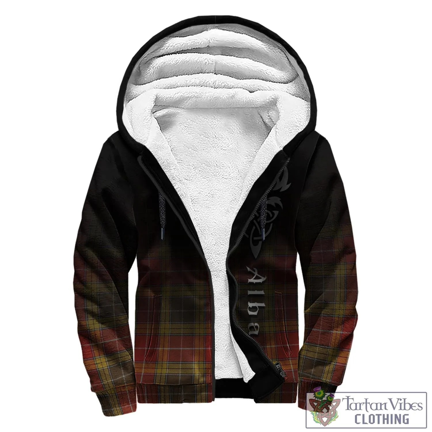 Buchanan Old Set Weathered Tartan Sherpa Hoodie Featuring Alba Gu Brath Family Crest Celtic Inspired