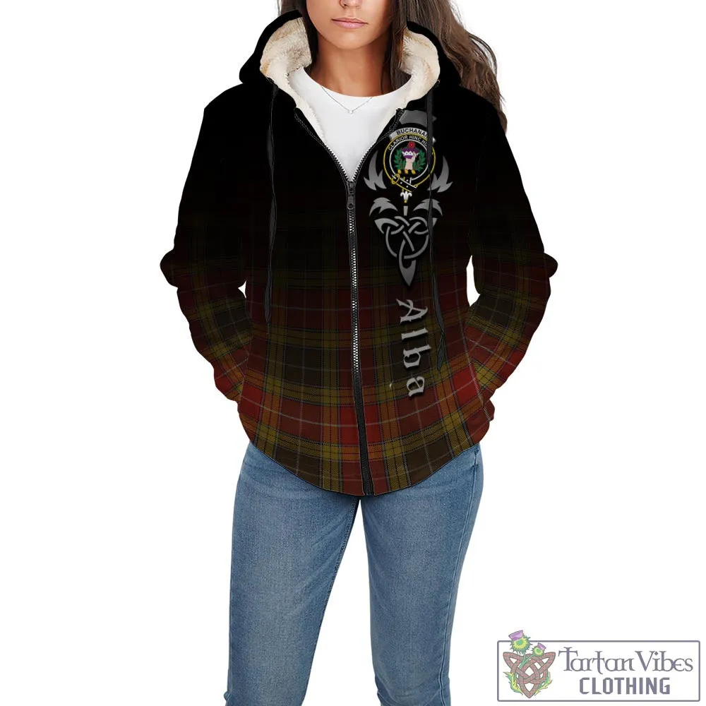 Buchanan Old Set Weathered Tartan Sherpa Hoodie Featuring Alba Gu Brath Family Crest Celtic Inspired